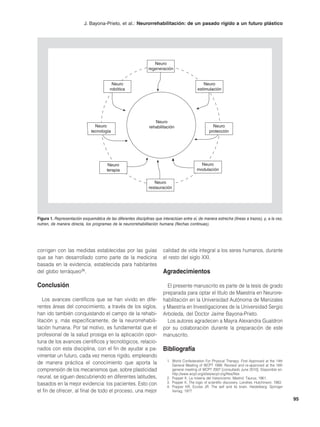 J. Bayona-Prieto, et al.: Neurorrehabilitación: de un pasado rígido a un futuro plástico




                                                                   Neuro
                                                                regeneración


                                           Neuro                                                 Neuro
                                          robótica                                            estimulación




                                                                    Neuro
                                 Neuro                           rehabilitación                        Neuro
                               tecnología                                                            protección




                                         Neuro                                                  Neuro
                                        terapia                                               modulación


                                                                   Neuro
                                                                restauración




Figura 1. Representación esquemática de las diferentes disciplinas que interactúan entre sí, de manera estrecha (líneas a trazos), y, a la vez,
nutren, de manera directa, los programas de la neurorrehabilitación humana (flechas continuas).




corrigen con las medidas establecidas por las guías                      calidad de vida integral a los seres humanos, durante
que se han desarrollado como parte de la medicina                        el resto del siglo XXI.
basada en la evidencia, establecida para habitantes
del globo terráqueo36.                                                   Agradecimientos

Conclusión                                                                 El presente manuscrito es parte de la tesis de grado
                                                                         preparada para optar el título de Maestría en Neurore-
   Los avances científicos que se han vivido en dife-                    habilitación en la Universidad Autónoma de Manizales
rentes áreas del conocimiento, a través de los siglos,                   y Maestría en Investigaciones de la Universidad Sergio
han ido también conquistando el campo de la rehabi-                      Arboleda, del Doctor Jaime Bayona-Prieto.
litación y, más específicamente, de la neurorrehabili-                     Los autores agradecen a Mayra Alexandra Gualdron
tación humana. Por tal motivo, es fundamental que el                     por su colaboración durante la preparación de este
profesional de la salud prosiga en la aplicación opor-                   manuscrito.
tuna de los avances científicos y tecnológicos, relacio-
nados con esta disciplina, con el fin de ayudar a pa-                    Bibliografía
vimentar un futuro, cada vez menos rígido, empleando
                                                                           1. World Confederation For Physical Therapy. First Approved at the 14th
de manera práctica el conocimiento que aporta la                              General Meeting of WCPT 1999. Revised and re-approved at the 16th
comprensión de los mecanismos que, sobre plasticidad                          general meeting of WCPT 2007 [consultado June 2010]; Disponible en:
                                                                              http://www.wcpt.org/sites/wcpt.org/files/files
neural, se siguen descubriendo en diferentes latitudes,                    2. Popper K. La miseria del historicismo. Madrid: Taurus; 1961.
basados en la mejor evidencia: los pacientes. Esto con                     3. Popper K. The logic of scientific discovery. Londres: Hutchinson; 1983.
                                                                           4. Popper KR, Eccles JR. The self and its brain. Heidelberg: Springer
el fin de ofrecer, al final de todo el proceso, una mejor                     Verlag; 1977.

                                                                                                                                                        95
 
