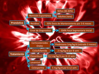 Niños (30-40%)
              Remisión Espontánea         Adultos (rara)

Pronóstico     Recidiva        50% Dosis de Mantenimiento por 3-6 meses

              Error de Diagnostico           GMN Focal Segmentaria Inicial




               Corticosteroides
                                        Prednisona 1mg/kg/d (retirada 3 meses)
                    Orales
                Ciclosfofamida            2 mg/kg/d por 8 sem
Tratamiento
              Clorambucil         0,2 mg/kg/d por 8-12 sem

               Levamisol

                Ciclosporina         5 mg/kg/d por 6-12 sem
 