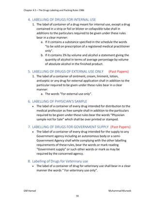 Chapter 4.5 – The Drugs Labeling and Packing Rules 1986
GM Hamad Muhammad Muneeb
4. LABELLING OF DRUGS FOR INTERNAL USE
1. The label of container of a drug meant for internal use, except a drug
contained in a strip or foil or blister or collapsible tube shall in
additions to the particulars required to be given under these rules
bear in a clear manner:
a. If it contains a substance specified in the schedule the words
“to be sold on prescription of a registered medical practitioner
only”.
b. If it contains 3% by volume and alcohol a statement giving the
quantity of alcohol in terms of average percentage by volume
of absolute alcohol in the finished product.
5. LABELLING OF DRUGS OF EXTERNAL USE ONLY (Past Papers)
1. The label of a container of ointment, cream, liniment, lotion,
antiseptic or any drug for external application shall in addition to the
particular required to be given under these rules bear in a clear
manner:
a. The words “For external use only“.
6. LABELLING OF PHYSICIAN’S SAMPLE
 The label of a container of every drug intended for distribution to the
medical profession as free sample shall in addition to the particulars
required to be given under these rules bear the words “Physician
sample not for Sale” which shall be over printed or stamped.
7. LABELLING OF DRUGS FOR GOVERNMENT SUPPLY (Past Papers)
 The label of a container of every drug intended for the supply to any
Government agency including an autonomous body or a semi‐
Government Agency shall while complying with the other labelling
requirements of these rules, bear the words or mark reading
“Government supply” or such other words or mark as may be
required by the concerned agency.
8. Labelling of Drugs for Veterinary use
 The label of a container of drug for veterinary use shall bear in a clear
manner the words “ For veterinary use only”.
55
 