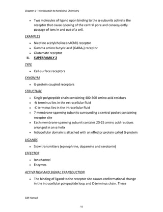 Chapter 1 – Introduction to Medicinal Chemistry
GM Hamad
 Two molecules of ligand upon binding to the α-subunits activate the
receptor that cause opening of the central pore and consequently
passage of ions in and out of a cell.
EXAMPLES
 Nicotine acetylcholine (nAChR) receptor
 Gamma amino butyric acid (GABAA) receptor
 Glutamate receptor
II. SUPERFAMILY 2
TYPE
 Cell-surface receptors
SYNONYM
 G-protein coupled receptors
STRUCTURE
 Single polypeptide chain containing 400-500 amino acid residues
 -N terminus lies in the extracellular fluid
 -C terminus lies in the intracellular fluid
 7 membrane-spanning subunits surrounding a central pocket containing
receptor site
 Each membrane-spanning subunit contains 20-25 amino acid residues
arranged in an α-helix
 Intracellular domain is attached with an effector protein called G-protein
LIGANDS
 Slow transmitters (epinephrine, dopamine and serotonin)
EFFECTOR
 Ion channel
 Enzymes
ACTIVATION AND SIGNAL TRANSDUCTION
 The binding of ligand to the receptor site causes conformational change
in the intracellular polypeptide loop and C-terminus chain. These
10
 