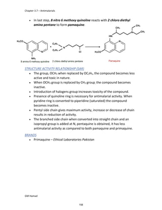 Chapter 3.7 – Antimalarials
GM Hamad
 In last step, 8 nitro 6 methoxy quinoline reacts with 2 chloro diethyl
amino pentane to form pamaquine.
STRUCTURE ACTIVITY RELATIONSHIP (SAR)
 The group, OCH3 when replaced by OC2H5, the compound becomes less
active and toxic in nature.
 When OCH3 group is replaced by CH3 group, the compound becomes
inactive.
 Introduction of halogens group increases toxicity of the compound.
 Presence of quinoline ring is necessary for antimalarial activity. When
pyridine ring is converted to piperidine (saturated) the compound
becomes inactive.
 Pentyl side chain gives maximum activity, increase or decrease of chain
results in reduction of activity.
 The branched side chain when converted into straight chain and an
isopropyl group is added at N, pentaquine is obtained, it has less
antimalarial activity as compared to both pamaquine and primaquine.
BRANDS
 Primaquine – Ethical Laboratories Pakistan
158
 