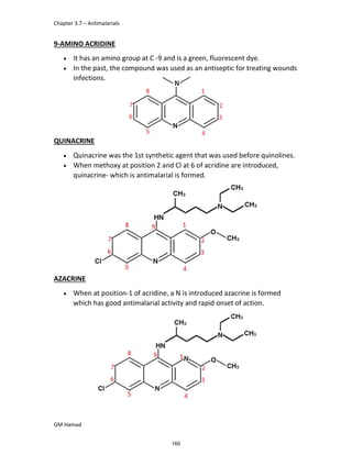Chapter 3.7 – Antimalarials
GM Hamad
9-AMINO ACRIDINE
 It has an amino group at C -9 and is a green, fluorescent dye.
 In the past, the compound was used as an antiseptic for treating wounds
infections.
QUINACRINE
 Quinacrine was the 1st synthetic agent that was used before quinolines.
 When methoxy at position 2 and Cl at 6 of acridine are introduced,
quinacrine- which is antimalarial is formed.
AZACRINE
 When at position-1 of acridine, a N is introduced azacrine is formed
which has good antimalarial activity and rapid onset of action.
160
 