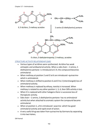 Chapter 3.7 – Antimalarials
GM Hamad
STRUCTURE ACTIVITY RELATIONSHIP (SAR)
 Various types of acridines were synthesized. Acridine has weak
antiseptic and antibacterial activity. When a side chain – 2 amino, 5
diethylamino pentane- is introduced at C-9, the compound becomes
antimalarial.
 When methoxy at position 2 and Cl at 6 are introduced –quinacrine-
which is antimalarial.
 When methoxy is shifted to position 6 and Cl to 2 (interchanged)-loss of
antimalarial activity.
 When methoxy is replaced by ethoxy, toxicity is increased. When
methoxy is rotated to any other position 1, 3, 4, then 50% activity is lost.
 When Cl is replaced with other halogens there is successive loss of
therapeutic activity.
 Side chain – 2 amino, 5 diethylamino pentane- has no antimalarial
activity but when attached to aromatic system the compound became
antimalarial.
 When at position-1, a N is introduced –azacrine- which has good
antimalarial activity and rapid onset of action.
 A very useful drug was taken from quinacrine by Germans by separating
it into two halves;
162
 