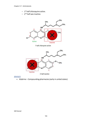 Chapter 3.7 – Antimalarials
GM Hamad
­ 1st
half chloroquine active.
­ 2nd
half was inactive.
BRANDS
 Atabrine – Compounding pharmacies (early in united states)
163
 
