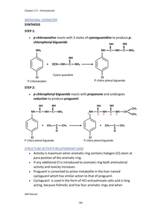 Chapter 3.7 – Antimalarials
GM Hamad
MEDICINAL CHEMISTRY
SYNTHESIS
STEP 1:
 p-chloroanaline reacts with 2 moles of cyanoguanidine to produce p-
chlorophenyl biguanide.
STEP 2:
 p-chlorophenyl biguanide reacts with propanone and undergoes
reduction to produce proguanil.
STRUCTURE ACTIVITY RELATIONSHIP (SAR)
 Activity is maximum when aromatic ring contains halogen (Cl) atom at
para position of the aromatic ring.
 If any additional Cl is introduced to aromatic ring-both antimalarial
activity and toxicity increases.
 Proguanil is converted to active metabolite in the liver named
cycloguanil which has similar action to that of proguanil.
 Cycloguanil is used in the form of HCl and palmoate salts and is long
acting, because Palmolic acid has four aromatic rings and when
165
 
