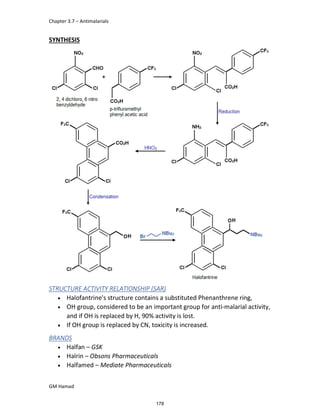 Chapter 3.7 – Antimalarials
GM Hamad
SYNTHESIS
STRUCTURE ACTIVITY RELATIONSHIP (SAR)
 Halofantrine's structure contains a substituted Phenanthrene ring,
 OH group, considered to be an important group for anti-malarial activity,
and if OH is replaced by H, 90% activity is lost.
 If OH group is replaced by CN, toxicity is increased.
BRANDS
 Halfan – GSK
 Halrin – Obsons Pharmaceuticals
 Halfamed – Mediate Pharmaceuticals
178
 
