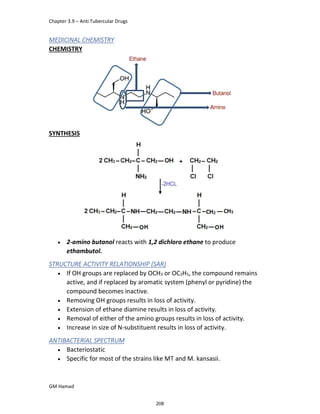 Chapter 3.9 – Anti Tubercular Drugs
GM Hamad
MEDICINAL CHEMISTRY
CHEMISTRY
SYNTHESIS
 2-amino butanol reacts with 1,2 dichloro ethane to produce
ethambutol.
STRUCTURE ACTIVITY RELATIONSHIP (SAR)
 If OH groups are replaced by OCH3 or OC2H5, the compound remains
active, and if replaced by aromatic system (phenyl or pyridine) the
compound becomes inactive.
 Removing OH groups results in loss of activity.
 Extension of ethane diamine results in loss of activity.
 Removal of either of the amino groups results in loss of activity.
 Increase in size of N-substituent results in loss of activity.
ANTIBACTERIAL SPECTRUM
 Bacteriostatic
 Specific for most of the strains like MT and M. kansasii.
208
 