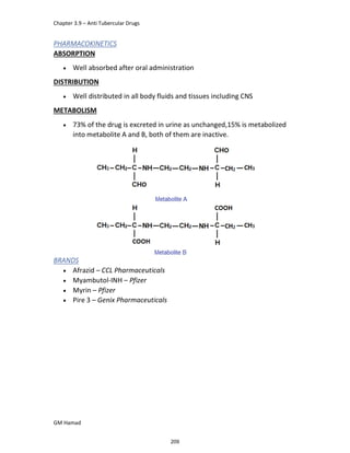 Chapter 3.9 – Anti Tubercular Drugs
GM Hamad
PHARMACOKINETICS
ABSORPTION
 Well absorbed after oral administration
DISTRIBUTION
 Well distributed in all body fluids and tissues including CNS
METABOLISM
 73% of the drug is excreted in urine as unchanged,15% is metabolized
into metabolite A and B, both of them are inactive.
BRANDS
 Afrazid – CCL Pharmaceuticals
 Myambutol-INH – Pfizer
 Myrin – Pfizer
 Pire 3 – Genix Pharmaceuticals
209
 