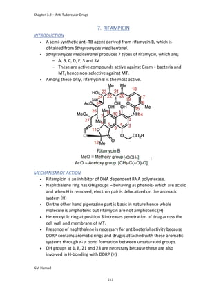 Chapter 3.9 – Anti Tubercular Drugs
GM Hamad
7. RIFAMPICIN
INTRODUCTION
 A semi-synthetic anti-TB agent derived from rifamycin B, which is
obtained from Streptomyces mediterranei.
 Streptomyces mediterranei produces 7 types of rifamycin, which are;
­ A, B, C, D, E, S and SV
­ These are active compounds active against Gram + bacteria and
MT, hence non-selective against MT.
 Among these only, rifamycin B is the most active.
MECHANISM OF ACTION
 Rifampicin is an inhibitor of DNA dependent RNA polymerase.
 Naphthalene ring has OH groups – behaving as phenols- which are acidic
and when H is removed, electron pair is delocalized on the aromatic
system (H)
 On the other hand piperazine part is basic in nature hence whole
molecule is amphoteric but rifamycin are not amphoteric (H)
 Heterocyclic ring at position 3 increases penetration of drug across the
cell wall and membrane of MT.
 Presence of naphthalene is necessary for antibacterial activity because
DDRP contains aromatic rings and drug is attached with these aromatic
systems through л- л bond formation between unsaturated groups.
 OH groups at 1, 8, 21 and 23 are necessary because these are also
involved in H-bonding with DDRP (H)
213
 