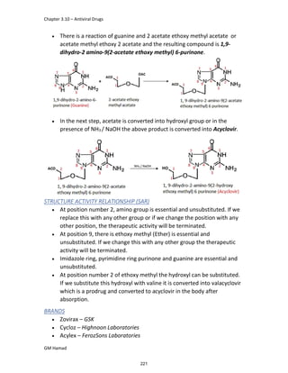 Chapter 3.10 – Antiviral Drugs
GM Hamad
 There is a reaction of guanine and 2 acetate ethoxy methyl acetate or
acetate methyl ethoxy 2 acetate and the resulting compound is 1,9-
dihydro-2 amino-9(2-acetate ethoxy methyl) 6-purinone.
 In the next step, acetate is converted into hydroxyl group or in the
presence of NH3 / NaOH the above product is converted into Acyclovir.
STRUCTURE ACTIVITY RELATIONSHIP (SAR)
 At position number 2, amino group is essential and unsubstituted. If we
replace this with any other group or if we change the position with any
other position, the therapeutic activity will be terminated.
 At position 9, there is ethoxy methyl (Ether) is essential and
unsubstituted. If we change this with any other group the therapeutic
activity will be terminated.
 Imidazole ring, pyrimidine ring purinone and guanine are essential and
unsubstituted.
 At position number 2 of ethoxy methyl the hydroxyl can be substituted.
If we substitute this hydroxyl with valine it is converted into valacyclovir
which is a prodrug and converted to acyclovir in the body after
absorption.
BRANDS
 Zovirax – GSK
 Cycloz – Highnoon Laboratories
 Acylex – FerozSons Laboratories
221
 