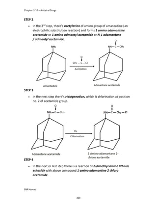 Chapter 3.10 – Antiviral Drugs
GM Hamad
STEP 2
 In the 2nd
step, there’s acetylation of amino group of amantadine (an
electrophilic substitution reaction) and forms 1 amino adamantine
acetamide or 1 amino admantyl acetamide or N-1 adamantane
/ admantyl acetamide.
STEP 3
 In the next step there’s Halogenation, which is chlorination at position
no. 2 of acetamide group.
STEP 4
 In the next or last step there is a reaction of 2-dimethyl amino lithium
ethoxide with above compound 1 amino adamantine 2 chloro
acetamide.
224
 