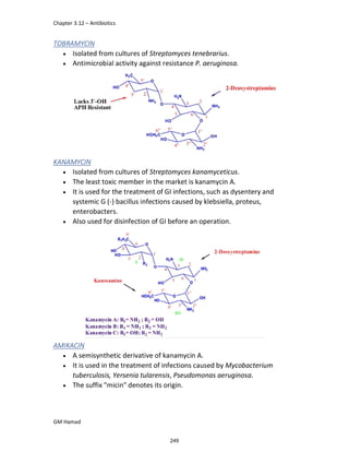 Chapter 3.12 – Antibiotics
GM Hamad
TOBRAMYCIN
 Isolated from cultures of Streptomyces tenebrarius.
 Antimicrobial activity against resistance P. aeruginosa.
KANAMYCIN
 Isolated from cultures of Streptomyces kanamyceticus.
 The least toxic member in the market is kanamycin A.
 It is used for the treatment of GI infections, such as dysentery and
systemic G (-) bacillus infections caused by klebsiella, proteus,
enterobacters.
 Also used for disinfection of GI before an operation.
AMIKACIN
 A semisynthetic derivative of kanamycin A.
 It is used in the treatment of infections caused by Mycobacterium
tuberculosis, Yersenia tularensis, Pseudomonas aeruginosa.
 The suffix "micin" denotes its origin.
249
 