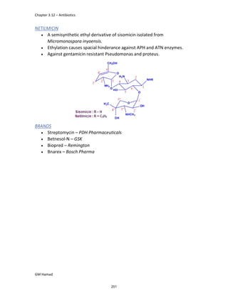 Chapter 3.12 – Antibiotics
GM Hamad
NETILMICIN
 A semisynthetic ethyl derivative of sisomicin isolated from
Micromonospora inyoensis.
 Ethylation causes spacial hinderance against APH and ATN enzymes.
 Against gentamicin resistant Pseudomonas and proteus.
BRANDS
 Streptomycin – PDH Pharmaceuticals
 Betnesol-N – GSK
 Biopred – Remington
 Bnarex – Bosch Pharma
251
 