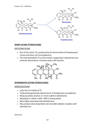 Chapter 3.12 – Antibiotics
GM Hamad
SHORT ACTING TETRACYCLINES
OXYTETRACYCLINE
 One of the classic TCs, produced by the fermentation of Streptomyces
rimosis and other soil microorganisms.
 The most hydrophilic TC on the market. Largely been replaced by semi-
synthetic descendants. Primarily used as IM injection.
INTERMEDIATE ACTING TETRACYCLINES
DEMECLOCYCLINE
 Lacks the C-6 methyl of TC
 Produced by genetically altered strain of Streptomyces aureofaciens
 Being secondary alcohol, it is more stable to dehydration.
 Absorption in adults is 60% - 80% in fasting adults.
 Most highly associated with phototoxicity
 May produce dose-dependent and reversible diabetes insipidus with
extended use.
257
 
