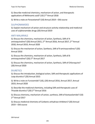 Topic Viz Past Papers Medicinal Chemistry
GM Hamad
Q: Describe medicinal chemistry, mechanism of action, and therapeutic
applications of Mefenamic acid? (10) 2nd
Annual 2018
Q: Write a note on Paracetamol? (10) Annual 2019 – Old course
SULPHONAMIDES
Q: Explain mechanism of action and structure activity relationship and medicinal
uses of sulphonamides drugs (20) Annual 2019
ANTI MALARIALS
Q: Discuss the chemistry, mechanism of action, Synthesis, SAR of 4-
aminoquinoline? (20) Annual 2015, 2nd
Annual 2016, Annual 2017, 2nd
Annual
2018, Annual 2019, Annual 2020
Q: Discuss the mechanism of action, Synthesis, SAR of 9-aminoacredines? (20)
Annual 2016
Q: Discuss the chemistry, mechanism of action, Synthesis, SAR of 8-
aminoquinoline? (20) 2nd
Annual 2017
Q: Discuss the chemistry, mechanism of action, Synthesis, SAR of Chloroquine?
(20) Annual 2020
DIURETICS
Q: Discuss the introduction, biological action, SAR and therapeutic applications of
Loop diuretics? (20) Annual 2015
Q: Write a note on Furosemide? (10), (20) Annual 2016, Annual 2017, Annual
2019, Annual 2020
Q: Describe the medicinal chemistry, including SAR and therapeutic uses of
Thiazide diuretics? (20) 2nd
Annual 2016
Q: Discuss chemistry, mechanism of action, synthesis, SAR of Acetazolamide? (10)
2nd
Annual 2017
Q: Discuss medicinal chemistry of Carbonic anhydrase inhibitors? (20) Annual
2019 – Old course
262
 