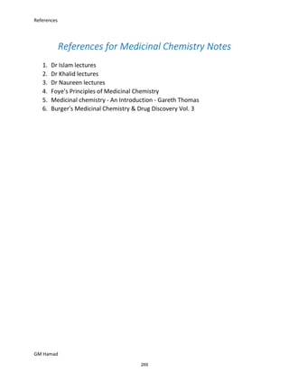 References
GM Hamad
References for Medicinal Chemistry Notes
1. Dr Islam lectures
2. Dr Khalid lectures
3. Dr Naureen lectures
4. Foye’s Principles of Medicinal Chemistry
5. Medicinal chemistry - An Introduction - Gareth Thomas
6. Burger's Medicinal Chemistry & Drug Discovery Vol. 3
269
 