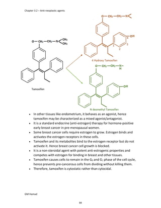 Chapter 3.2 – Anti-neoplastic agents
GM Hamad
 In other tissues like endometrium, it behaves as an agonist, hence
tamoxifen may be characterized as a mixed agonist/antagonist.
 It is a standard endocrine (anti-estrogen) therapy for hormone-positive
early breast cancer in pre-menopausal women.
 Some breast cancer cells require estrogen to grow. Estrogen binds and
activates the estrogen receptors in these cells.
 Tamoxifen and its metabolites bind to the estrogen receptor but do not
activate it. Hence breast cancer cell growth is blocked.
 It is a non-steroidal agent with potent anti-estrogenic properties and
competes with estrogen for binding in breast and other tissues.
 Tamoxifen causes cells to remain in the G0 and G1 phase of the cell cycle,
hence prevents pre-cancerous cells from dividing without killing them.
 Therefore, tamoxifen is cytostatic rather than cytocidal.
84
 