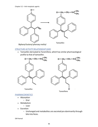 Chapter 3.2 – Anti-neoplastic agents
GM Hamad
STRUCTURE ACTIVITY RELATIONSHIP (SAR)
 Tamoxifen derivated to Toremifene, which has similar pharmacological
profile to that of tamoxifen.
PHARMACOKINETICS
 Absorption
­ Oral
 Metabolism
­ Liver
 Excretion
­ Unchanged and metabolites are excreted pre-dominantly through
bile into feces.
86
 