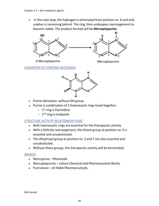 Chapter 3.2 – Anti-neoplastic agents
GM Hamad
 In the next step, the hydrogen is eliminated from position no. 6 and only
sulphur is remaining behind. The ring, then undergoes rearrangement to
become stable. The product formed will be Mercaptopurine
CHEMISTRY OF STARTING MATERIALS
 Purine derivative: without OH group.
 Purine is combination of 2 heterocyclic rings fused together.
­ 1st
ring is Pyrimidine
­ 2nd
ring is imidazole
STRUCTURE ACTIVITY RELATIONSHIP (SAR)
 Both heterocyclic rings are essential for the therapeutic activity.
 With a little bit rearrangement, the thione group at position no. 6 is
essential and unsubstituted.
 The dihydroxyl group at position no. 3 and 7 are also essential and
unsubstituted.
 Without these groups, the therapeutic activity will be terminated.
BRANDS
 Mercoprine – Pharmedic
 Mercaptepurine – Lahore Chemical and Pharmaceutical Works
 Purinetone – Al Habib Pharmaceuticals.
94
 