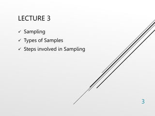 LECTURE 3
 Sampling
 Types of Samples
 Steps involved in Sampling
3
 