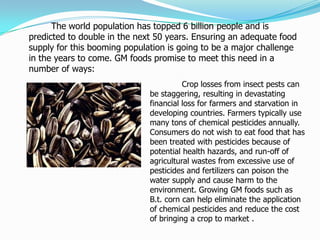 		The world population has topped 6 billion people and is predicted to double in the next 50 years. Ensuring an adequate food supply for this booming population is going to be a major challenge in the years to come. GM foods promise to meet this need in a number of ways: 	Crop losses from insect pests can be staggering, resulting in devastating financial loss for farmers and starvation in developing countries. Farmers typically use many tons of chemical pesticides annually. Consumers do not wish to eat food that has been treated with pesticides because of potential health hazards, and run-off of agricultural wastes from excessive use of pesticides and fertilizers can poison the water supply and cause harm to the environment. Growing GM foods such as B.t. corn can help eliminate the application of chemical pesticides and reduce the cost of bringing a crop to market .