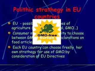 Polithic strathegy in EU countries EU  - possibilities for all types of agriculture (classic, ecological, GMO…) Consumer must have possibility to choose between GMO and others; declarations on food articles are obligated Each EU country can choose freelly  her own strathegy for use of GMO;by consideration of EU Directives 
