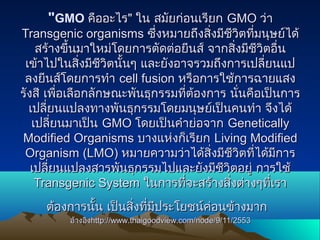 "GMO คืออะไรคืออะไร"" ใน สมัยก่อนเรียกใน สมัยก่อนเรียก GMOGMO ว่าว่า
Transgenic organismsTransgenic organisms ซึ่งหมายถึงสิ่งมีชีวิตที่มนุษย์ได้ซึ่งหมายถึงสิ่งมีชีวิตที่มนุษย์ได้
สร้างขึ้นมาใหม่โดยการตัดต่อยีนส์ จากสิ่งมีชีวิตอื่นสร้างขึ้นมาใหม่โดยการตัดต่อยีนส์ จากสิ่งมีชีวิตอื่น
เข้าไปในสิ่งมีชีวิตนั้นๆ และยังอาจรวมถึงการเปลี่ยนแปเข้าไปในสิ่งมีชีวิตนั้นๆ และยังอาจรวมถึงการเปลี่ยนแป
ลงยีนส์โดยการทำาลงยีนส์โดยการทำา cell fusioncell fusion หรือการใช้การฉายแสงหรือการใช้การฉายแสง
รังสี เพื่อเลือกลักษณะพันธุกรรมที่ต้องการ นั่นคือเป็นการรังสี เพื่อเลือกลักษณะพันธุกรรมที่ต้องการ นั่นคือเป็นการ
เปลี่ยนแปลงทางพันธุกรรมโดยมนุษย์เป็นคนทำา จึงได้เปลี่ยนแปลงทางพันธุกรรมโดยมนุษย์เป็นคนทำา จึงได้
เปลี่ยนมาเป็นเปลี่ยนมาเป็น GMOGMO โดยเป็นคำาย่อจากโดยเป็นคำาย่อจาก GeneticallyGenetically
Modified OrganismsModified Organisms บางแห่งก็เรียกบางแห่งก็เรียก Living ModifiedLiving Modified
OrganismOrganism ((LMOLMO)) หมายความว่าได้สิ่งมีชีวิตที่ได้มีการหมายความว่าได้สิ่งมีชีวิตที่ได้มีการ
เปลี่ยนแปลงสารพันธุกรรมไปและยังมีชีวิตอยู่ การใช้เปลี่ยนแปลงสารพันธุกรรมไปและยังมีชีวิตอยู่ การใช้
Transgenic SystemTransgenic System ในการที่จะสร้างสิ่งต่างๆที่เราในการที่จะสร้างสิ่งต่างๆที่เรา
ต้องการนั้น เป็นสิ่งที่มีประโยชน์ค่อนข้างมากต้องการนั้น เป็นสิ่งที่มีประโยชน์ค่อนข้างมาก
อ้างอิงอ้างอิงhttphttp://://wwwwww..thaigoodviewthaigoodview..comcom//nodenode//9/11/25539/11/2553
 