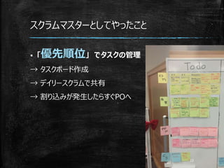 スクラムマスターとしてやったこと
 「優先順位」 でタスクの管理
→ タスクボード作成
→ デイリースクラムで共有
→ 割り込みが発生したらすぐPOへ
 
