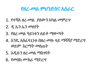 የዘረ-መል ምህንድስና አሰራር
1. የተሻለ ዘረ-መል ያለውን አካል መምረጥ
2. ዲ ኤን ኤን መለየት
3. የዘረ-መል ዓይነቱን ለይቶ ማውጣት
4. እንዴ አስፈላጊነቱ በዘረ-መሉ ላይ ማሻሻያ ማድረግ
ወይም እርማት መስጠት
5. አዲሱን ዘረ-መል ማስገባት
6. የመስክ ሙከራ ማድረግ
 