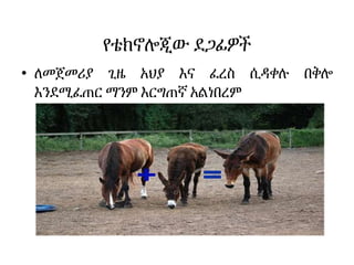 የቴክኖሎጂው ደጋፊዎች
• ለመጀመሪያ ጊዜ አህያ እና ፈረስ ሲዳቀሉ በቅሎ
እንደሚፈጠር ማንም እርግጠኛ አልነበረም
 