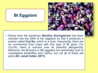 Bt Eggplant



• Genes from the bacterium Bacillus thuringiensis has been
  inserted into the DNA of the eggplant so that it produces a
  protein called Cry1Ac, which is a toxin. Importantly, there are
  no commercial food crops with this type of Bt gene. For
  Cry1Ac, there is concern over its potential allergenicity.
  Moreover, the Bt toxins in GE eggplant are specifically toxic to
  Lepidoptera (butterflies and moths), but not all of these are
  pests (Dr. Janet Cotter, 2011).
 