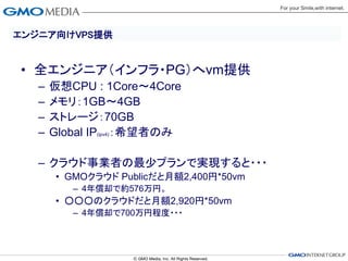 エンジニア向けVPS提供


• 全エンジニア（インフラ・PG）へvm提供
   –   仮想CPU : 1Core～4Core
   –   メモリ：1GB～4GB
   –   ストレージ：70GB
   –   Global IP(ipv4)：希望者のみ

   – クラウド事業者の最少プランで実現すると・・・
        • GMOクラウド Publicだと月額2,400円*50vm
          – 4年償却で約576万円。
        • ○○○のクラウドだと月額2,920円*50vm
          – 4年償却で700万円程度・・・
 