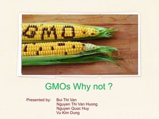 GMOs Why not ?
Presented by: Bui Thi Van
Nguyen Thi Van Huong
Nguyen Quoc Huy
Vu Kim Dung
 