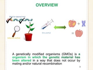 A genetically modified organisms (GMOs) is
in a way that does not occur by
mating and/or natural recombination
3
 