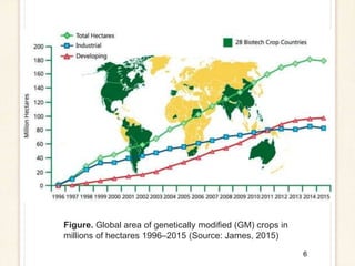 6
Figure. Global area of genetically modified (GM) crops in
millions of hectares 1996–2015 (Source: James, 2015)
 