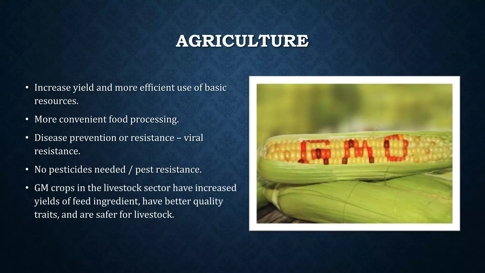AGRICULTURE
• Increase yield and more efficient use of basic
resources.
• More convenient food processing.
• Disease prevention or resistance – viral
resistance.
• No pesticides needed / pest resistance.
• GM crops in the livestock sector have increased
yields of feed ingredient, have better quality
traits, and are safer for livestock.
 