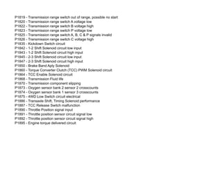 P1819 - Transmission range switch out of range, possible no start
P1820 - Transmission range switch A voltage low
P1822 - Transmission range switch B voltage high
P1823 - Transmission range switch P voltage low
P1825 - Transmission range switch A, B, C & P signals invalid
P1826 - Transmission range switch C voltage high
P1835 - Kickdown Switch circuit
P1842 - 1-2 Shift Solenoid circuit low input
P1843 - 1-2 Shift Solenoid circuit high input
P1845 - 2-3 Shift Solenoid circuit low input
P1847 - 2-3 Shift Solenoid circuit high input
P1850 - Brake Band Aply Solenoid
P1860 - Torque Converter Clutch (TCC) PWM Solenoid circuit
P1864 - TCC Enable Solenoid circuit
P1868 - Transmission Fluid life
P1870 - Transmission component slipping
P1873 - Oxygen sensor bank 2 sensor 2 crosscounts
P1874 - Oxygen sensor bank 1 sensor 3 crosscounts
P1875 - 4WD Low Switch circuit electrical
P1886 - Transaxle Shift, Timing Solenoid performance
P1887 - TCC Release Switch malfunction
P1890 - Throttle Position signal input
P1891 - Throttle position sensor circuit signal low
P1892 - Throttle position sensor circuit signal high
P1895 - Engine torque delivered circuit
 