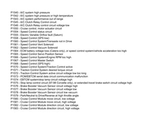P1540 - A/C system high pressure
P1542 - A/C system high pressure or high temperature
P1543 - A/C system performance out of range
P1545 - A/C Clutch Relay Control circuit
P1546 - A/C Clutch Relay control circuit voltage low
P1550 - Cruise control, motor actuator circuit
P1554 - Speed Control status circuit
P1555 - Electric Variable Orifice fault (Saturn)
P1558 - Speed Control (SPS low)
P1560 - Speed Control System/Transaxle not in Drive
P1561 - Speed Control Vent Solenoid
P1562 - Speed Control Vacuum Solenoid
P1564 - ECM battery voltage loss (Catera only), or speed control system/vehicle acceleration too high
P1565 - Speed Control Servo Position Sensor
P1566 - Speed Control System/Engine RPM too high
P1567 - Speed Control Master Switch
P1568 - Speed Control (SPS high)
P1570 - Speed Control System/Traction Control active
P1571 - Traction Control System desired torque circuit
P1572 - Traction Control System active circuit voltage low too long
P1573 - PCM/EBTCM serial data circuit communication malfunction
P1574 - EBTCM system/stop lamp circuit voltage high
P1575 - Stop lamp control circuit (97-98 Corvette only), or extended travel brake switch circuit voltage high
P1576 - Brake Booster Vacuum Sensor circuit voltage high
P1577 - Brake Booster Vacuum Sensor circuit voltage low
P1578 - Brake Booster Vacuum Sensor circuit low vacuum
P1579 - Park/Neutral to Drive/Reverse at high throttle angle
P1580 - Cruise Control Module move circuit, low voltage
P1581 - Cruise Control Module move circuit, high voltage
P1582 - Cruise Control Module direction circuit, low voltage
P1583 - Cruise Control Module direction circuit, high voltage
 