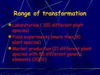 Range of transformation Laboratories ( 100 different plant species) Field experiments (more then 50 plant species) Market production (21 different plant species with 85 different genetic elements (2002) 