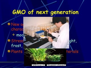GMO of next generation New agricultural interesting charachteristisc modifficated growth Stress toleranced plants   (draught, frost, salinity, shadow) Plants producst as new biomaterials 