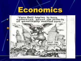 Economics Since GMOs have the potential to replace standard crops, the companies that produce them and the farmers who are able to use them stand to profit greatly. This could reduce the amount of competition between farmers and give the companies that create GMOs great power in the agricultural industry. Companies may even try to patent the genetic code of GMOs that they produce.  This could create situations where a corporation essentially owns exclusive rights to produce and sell a certain organism. Technologically advanced countries would likely benefit the most economically from increasing GMO production. The Human Genome Project Information website states that GMOs may lead to increasing dependence on industrialized nations by developing countries.  