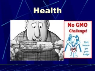 Health Another danger of GMOs is their potential to harm human  health . Altering the genetic makeup of an organism could potentially introduce new allergenic properties to it.  Some plants, such as peanuts, have powerful allergens that can kill humans. If a gene of a peanut were used to enhance a more common food crop, such as corn, it might introduce a similar allergen which could have a severe health impact 