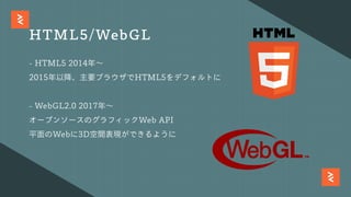 HTML5/WebGL
- HTML5 2014年〜
2015年以降、主要ブラウザでHTML5をデフォルトに
- WebGL2.0 2017年〜
オープンソースのグラフィックWeb API
平⾯のWebに3D空間表現ができるように
 