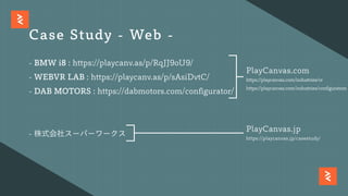Case Study - Web -
-BMWi8:https://playcanv.as/p/RqJJ9oU9/
-WEBVRLAB:https://playcanv.as/p/sAsiDvtC/
-DABMOTORS:https://dabmotors.com/configurator/
-株式会社スーパーワークス
PlayCanvas.com
https://playcanvas.com/industries/vr
https://playcanvas.com/industries/conﬁgurators
PlayCanvas.jp
https://playcanvas.jp/casestudy/
 