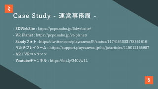 Case Study - 運営事務局 -
-3DWebSite:https://pcpo.sabo.jp/3dwebsite/
-VRPlanet:https://pcpo.sabo.jp/vr-planet/
-Sandyフォト:https://twitter.com/playcanvasJP/status/1174154333178351616
-マルチプレイゲーム:https://support.playcanvas.jp/hc/ja/articles/115012165987
-AR/VRコンテンツ
-Youtubeチャンネル:https://bit.ly/340Vw1L
 