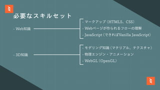 必要なスキルセット
-Web知識
-マークアップ(HTML5、CSS)
-Webページが作られるフローの理解
-JavaScript(できればVanillaJavaScript)
-3D知識
-モデリング知識(マテリアル、テクスチャ)
-物理エンジン・アニメーション
-WebGL(OpenGL)
 