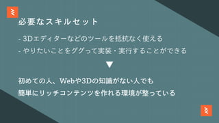 必要なスキルセット
-3Dエディターなどのツールを抵抗なく使える
-やりたいことをググって実装・実⾏することができる
初めての⼈、Webや3Dの知識がない⼈でも
簡単にリッチコンテンツを作れる環境が整っている
 