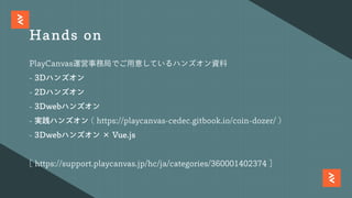 Hands on
PlayCanvas運営事務局でご⽤意しているハンズオン資料
-3Dハンズオン
-2Dハンズオン
-3Dwebハンズオン
-実践ハンズオン(https://playcanvas-cedec.gitbook.io/coin-dozer/)
-3Dwebハンズオン×Vue.js
[https://support.playcanvas.jp/hc/ja/categories/360001402374]
 