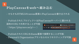 PlayCanvasをwebへ組み込む
- そもそもHTML5のcanvas要素にPlayCanvasは書き出される
- PublishされたプロジェクトはPlayCanvasサーバーに置かれる
固有のURLで共有することが可能
（ https://playcanv.as/p/~~ ）
- PublishされたURLをiframe要素で展開することが可能
- ParsonalとOrganizationプランならセルフホスティングが可能
 