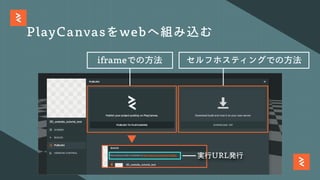 PlayCanvasをwebへ組み込む
iframeでの⽅法 セルフホスティングでの⽅法
実⾏URL発⾏
 